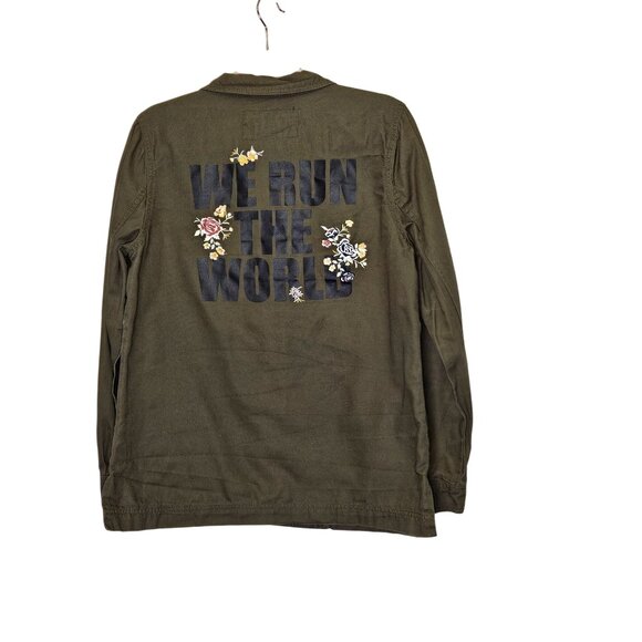 Rue21 Olive Green Embroidered Military Jacket Size L "We Run‎ The World" Womens - Picture 2 of 9